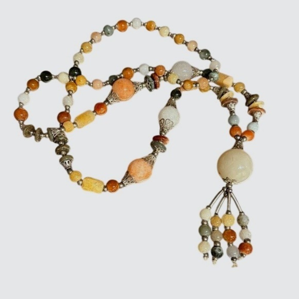 Boho Beaded‎ Necklace Multi Gemstone Tassel Pendant Statement